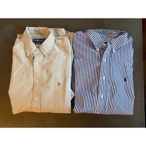 2 Pair Vintage Ralph Lauren Oxford Button Pony XXL 17 34 Striped Blue Cream Mens